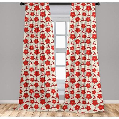 Christmas Curtain Vibrant Poinsettia Flowers with Galloping Reindeers and Snowflake Lightweight Window Treatment Living Room