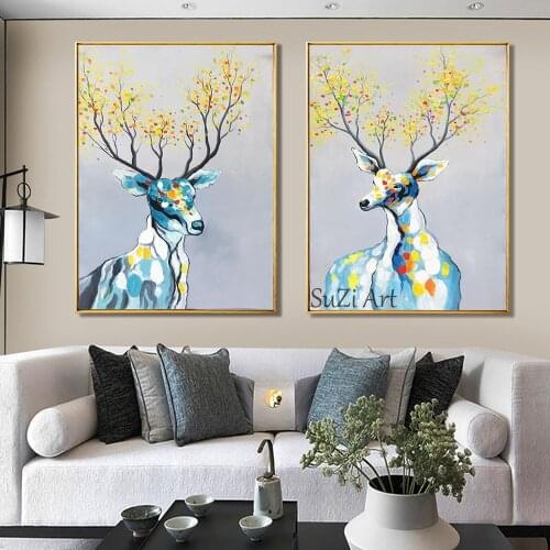 Modern Wall Decor Abstract Deer Oil Painting Wall Art Picture Unframed Animal Wall Canvas Artwork Room Decoration One Piece