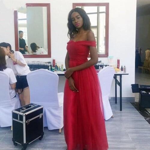 YiMinpwp Red Bridesmaid Dresses Off Shoulder Floor Length Draped Garden Country Wedding Guest Gowns Maid of Honor Dress Cheap