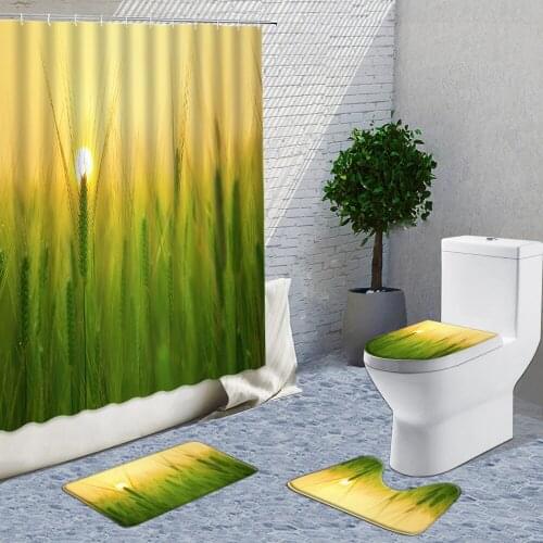 Sunset Dusk River Wheat Seedlings Scenery Shower Curtain 4-Piece Set Plant Flower Tree Bath Curtains Mat And Toilet Cover Set