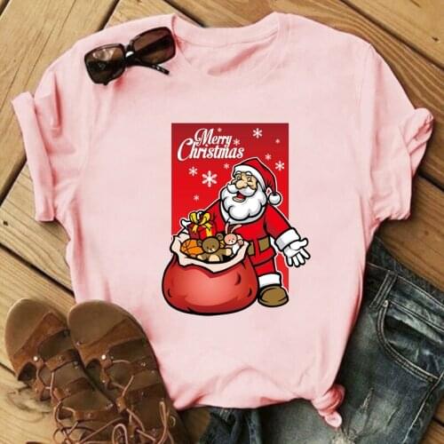 Unisex Short Sleeve Pink Tops Tee Merry Christmas Santa Claus Gift Print Women T-shirt Suitable All Seasons Females Tshirt
