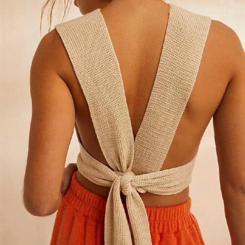 Women Summer Stylish Tank Tops Solid Color Sexy DIY Bandage Tie Up Fitting Wild Backless Knitted Exposed Navel Vest