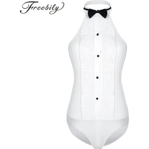 Womens One-piece Body Shirt Sleeveless Haltered Wing Tip Collar Backless Tuxedo Shirt Bodysuit with Bow Tie Work Wear Bodysuits