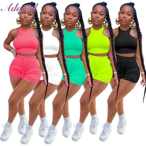 Women Solid Two Piece Sets Summer Tracksuit Fitness Sleeveless Vest Crop Tops Drawstring Shorts Suit Outfit Sporty Matching Set