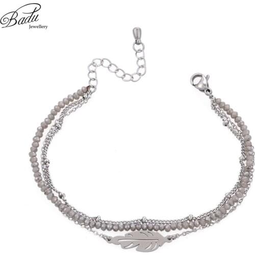 Badu 3 Layered Chain Bracelet for Women Stainless Steel Leaf Pendant Bracelets Crystal Beads Delicate Party Jewelry Wholesale