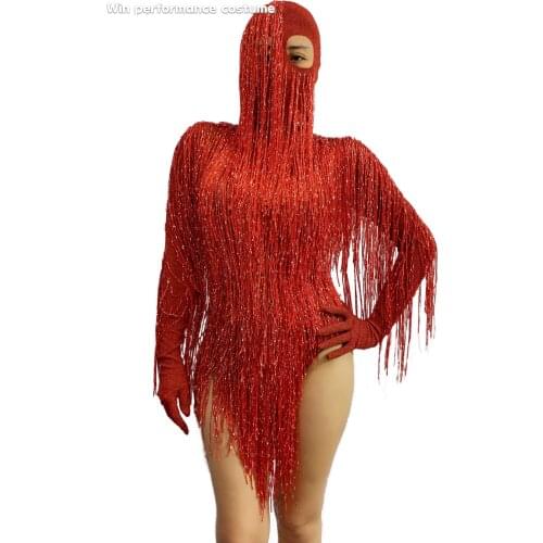 Sparkly Tassel Bodysuit Women Rhinestone Outfit Glisten Beads Dance Costume One-piece Dance Wear Singer Stage Leotard