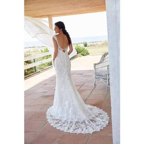 Womens V Neck Lace Wedding Dress for Bride Mermaid Backless Bridal Gown Long Elegant vestido de noiva 2020