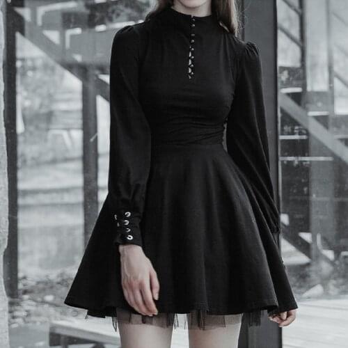 Goth Pleated Dress Women Fashion Black Frock Long Sleeve Lolita Streetwear High Waist Feamel Casual Party Club Dresses Autumn