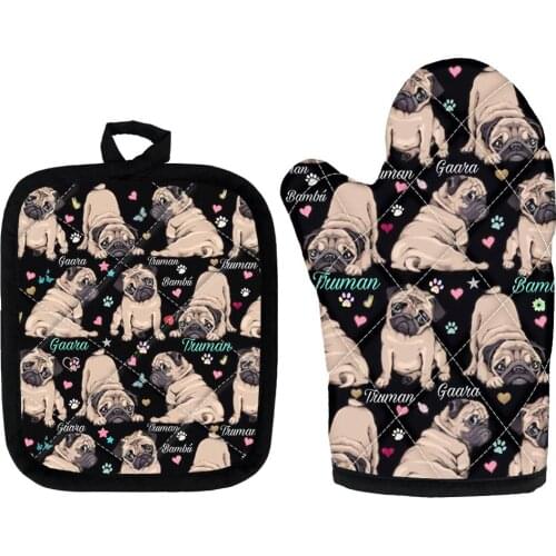 2pcs/Set 3D Cute Pug Dog Microwave Oven Gloves Insulation Pads for Home Cooking BBQ Baking Accessories Decorative Kitchen Mitts