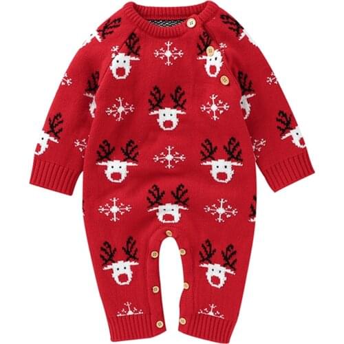 2021 Christmas Newborn Baby Boy Girl Long Sleeve Deer Snowflake Pattern Knitting Sweater Romper Jumpsuit Warm Clothes