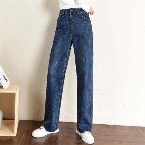 Free shipping womens 2019 autumn and winter high waist loose jeans vertical wide leg blue trousers 175cm