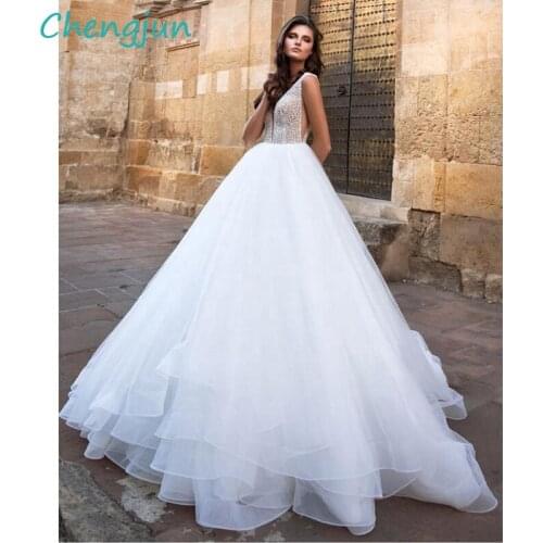 Chengjun Sexy V Neck Illusion Tops Organza Beaed White Wedding Dress