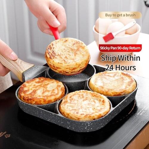 Four-hole Frying Pot Thickened Omelet Pan Black Non-stick Egg Steak Ham Pancake Wooden Handle Kitchen Cooking Breakfast Maker
