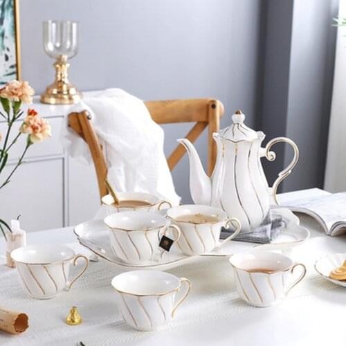 Nordic Tracing Golden Lotus Pattern Ceramic Coffee Tea Set Hotel Household Foot Tray Coffee Pot Cup Milk Pot Sugar Bowl Tea Pot