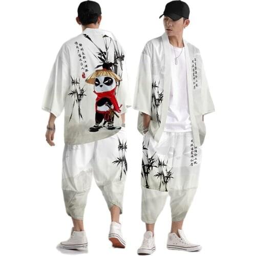 Kimono Man Chinese Clothes Yukata Male Samurai Costume Haori Obi Mens Kimono Cardigan Panda Streetwear Jacket Pants DE35