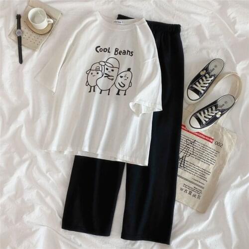 Summer Women Sets Printed Short Sleeve O-neck White T-Shirts Simple Wide-leg Pants Set Solid Elastic Waist Casual Trouses Suit