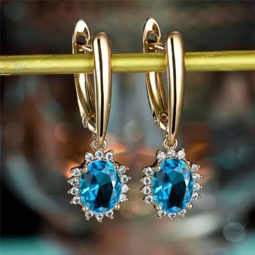 Cute Rose Gold Color Wedding Earrings Multicolor Crystal Flower Hoop Earrings Gorgeous Blue Zircon Oval Stone Earrings For Women