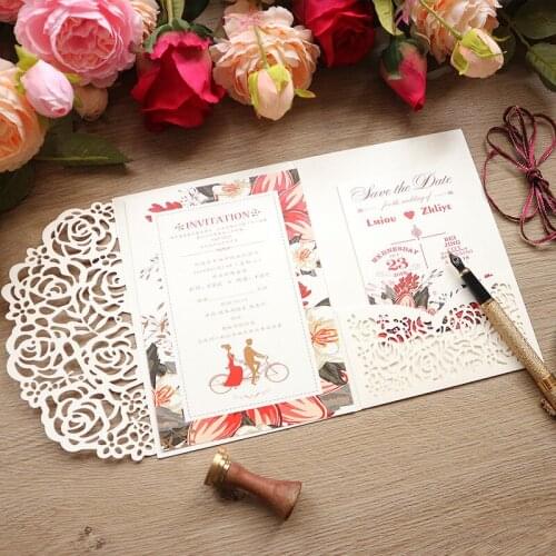 Rose Ivory Burgundy Blue Wedding Invitation Kits Customize Shimmer Laser Cut Trifold Greeting Invitations Anniversarty Invites