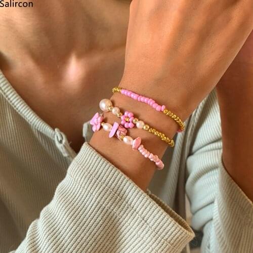 New Korean Fashion Colorful Seed Beads Bracelets For Women Girl 2021 Trend Flowers Beaded Bracelets Elastic Multi Layer Jewelry
