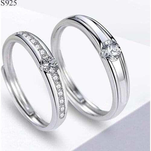 Genuine Real Pure Solid 925 Sterling Silver Couple Rings for Women Man Jewelry Cubic Zircon Adjustable Male Female Lover Ring