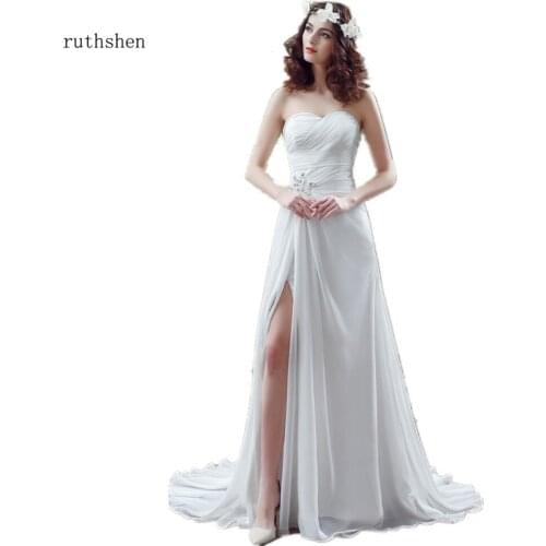 Ruthshen Sexy Bohemian Wedding Dresses Cheap Pleats Chiffon Side Leg Slit Vestidos Baratos White Ivory Vestido Novia 2020