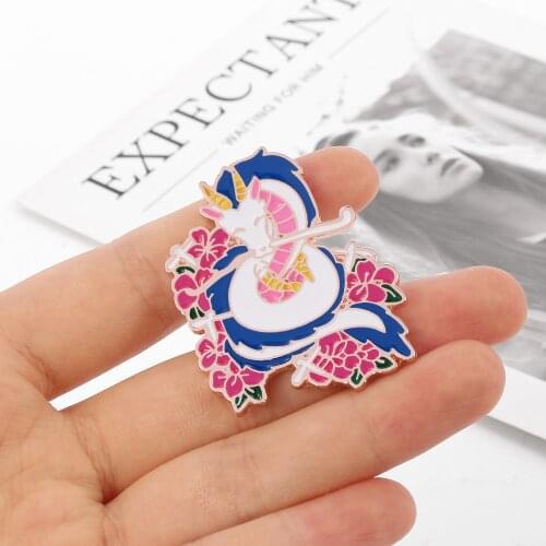 Japanese Anime Series Brooch dragon with flower art design enamel pins lapel badges gifts