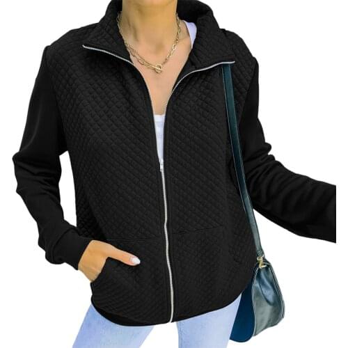 Women Loose Style Jacket with Pockets Long Sleeve Zipper Closure Collared Coat S/ M/ L/ XL
