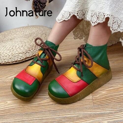 Johnature Winter Boots Women Shoes Genuine Leather 2021 New Mixed Colors Lace-Up Flat With Handmade Leisure Retro Platform Boots