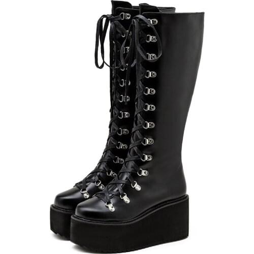 Demonia Boots Wedges Platform Shoes For Women 2021 Goth Cross-Tied Boot Knee-High Punk Style Ladies Female Goth Chelsea Boot