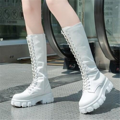 2021 Spring Autumn New Chunky Platform Black White PU Leather Women Long Boots Sexy Slim Knee High Med Heel Shoes Botas Mujer