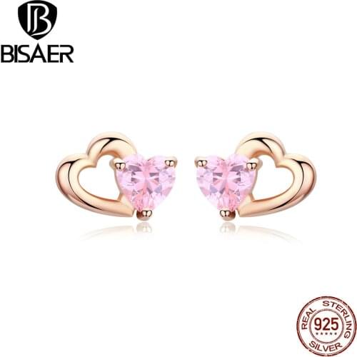 Heart earrings BISAER 925 sterling silver romantic love heart small stud earrings for women pink zircon wedding jewelry ECE090