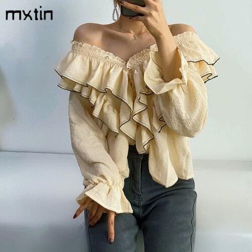 2021 Women Vintage Spring Ruffle Blouses Fashion V Neck Long Sleeve Office Ladies Sweet Blouses Korea Shirts Blusas Tops
