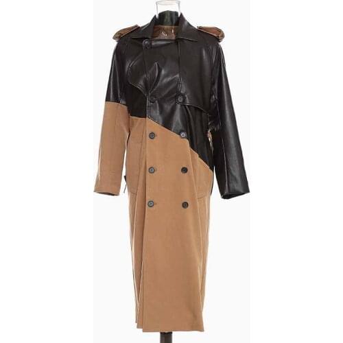 SeeBeautiful PU Stitching Large Size Windbreaker Double Breasted Belt Overknee Trench Coat New Fashion Spring 2021 Women M067