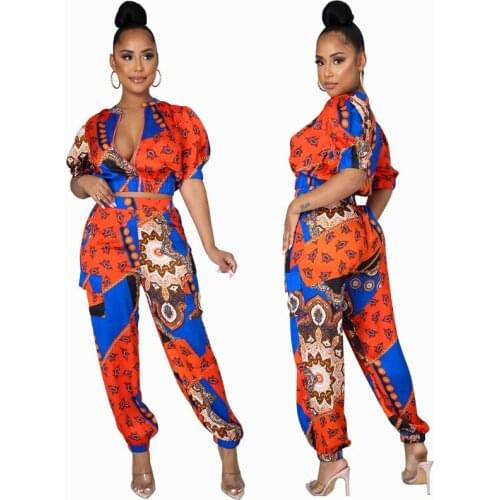 Fashion Two Piece Suits 2021 New Women Clothing Short Sleeve Printed Zippers Tops And Pants Casual 2 Pieces Set Female Outfits