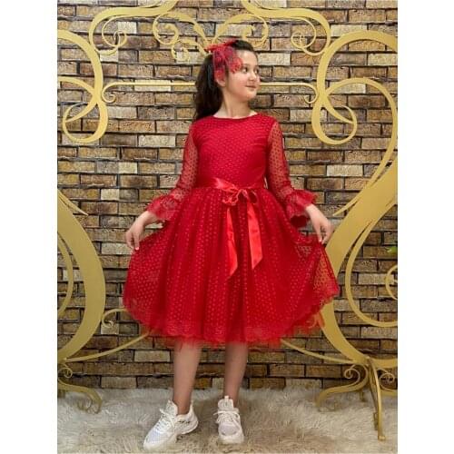 Female Child Red Polka Dot Gauze Dress Maxi Standard Flounces Lace Trend Round Neck Three Quarter Sleeve Lace/Mesh/Fishnet
