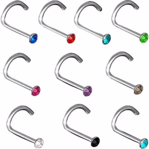 10Pcs Women Nose Studs Rings Rhinestone Hook Bone Bar Pin Piercing Jewelry White Color/Multicolor Wholesale
