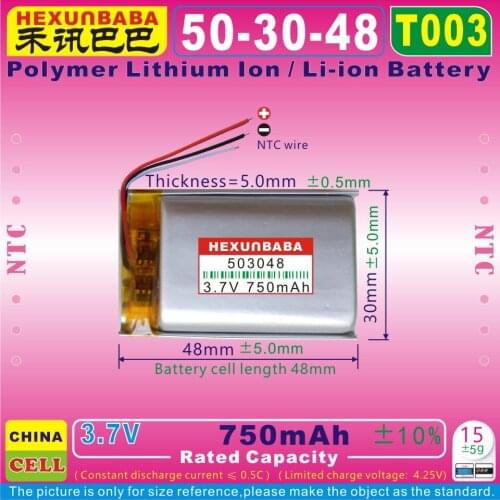 4pcs [T003] 3.7V,750mAH,[503048] NTC,Polymer lithium ion / Li-ion battery for GPS,cell phone,speaker,DVR RECORDER,mp3,mp4