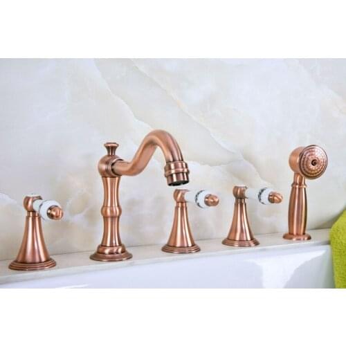 Antique Red Copper Brass Deck 5 Holes Bathtub Mixer Faucet Handheld Shower Widespread Bathroom Faucet Set Basin Water Tap atf213
