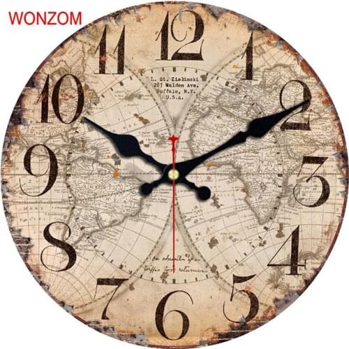 Decorative Wall Clock 12inch World Map Arabic Numerals Silent Wooden Cardboard Wall Clock Tower Shabby Clock For Home Office