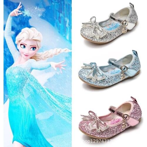 Disney spring new girls crystal shoes soft bottom little girl children elsa princess flat bottom leather shoes baby single shoes