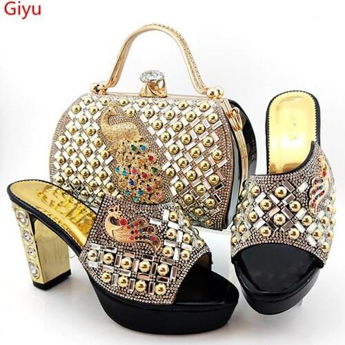 Doershow New Arrival African Wedding Shoes and Bag Set black Italian Shoes with Matching Bags Nigerian Women party! HYG1-17