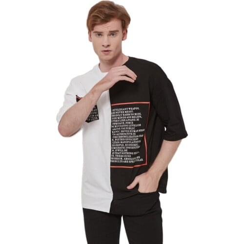 Mens Short Sleeve T-Shirts Hip-Hop Length Irregularity Letter Printed Round Neckline Tops Tees for Color Patchwork