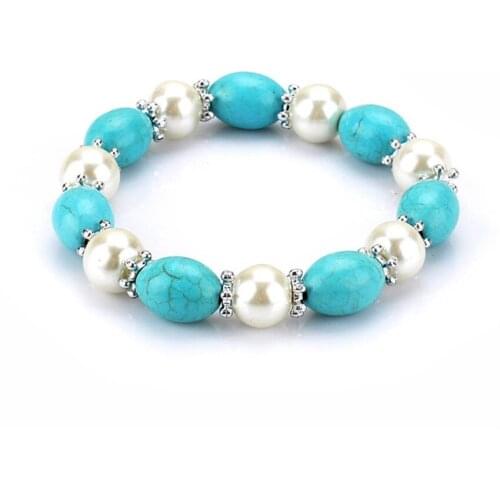 FYSL Silver Plated Green Turquoises Stone Connect Pearls Stretchy Bracelet for Party Gift Jewelry