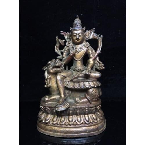 9"Chinese temple collection Old Bronze Cinnabar Lacquer Northern Wei Buddha Manjushri Lion riding Sitting Buddha Ornaments