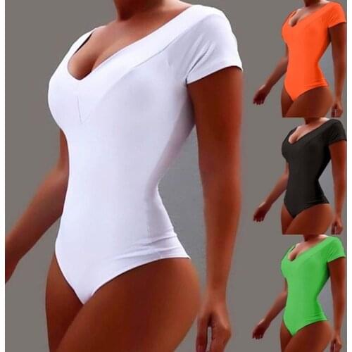 Jumpsuits Women Sexy Bodycon Summer Fashion Pure Color Short Sleeve Deep V-neck Plus Size Bodysuit Casual Female Jumpsuit