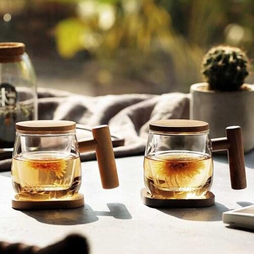 Creative Coffee Cup Separation Filter Tea Cup Transparent Wooden Base With Cover Whiskey Glass Wine Water Bottle Drinkware Mug