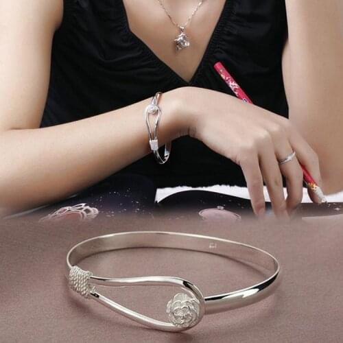 Fashion 925 Silver Romantic Flower Cherry Rose Bangle Silver Plated Bracelet Charm Jewelry Gift Drop Shipping