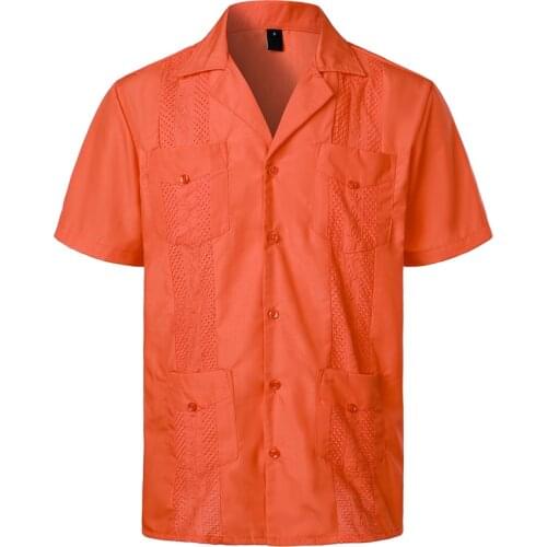 Mens Short Sleeve Cuban Guayabera Shirt Button Up Cotton Linen Lapel Collar Shirts Mexican Caribbean Style Beach Wedding Shirt