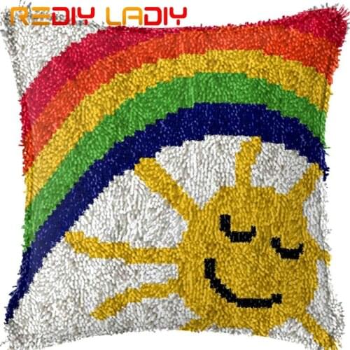 Latch Hook Kits Make Your Own Cushion Rainbow Sunshine Acrylic Yarn Crochet Pillow Case Printed Canvas Latch Hook Cushion Cover