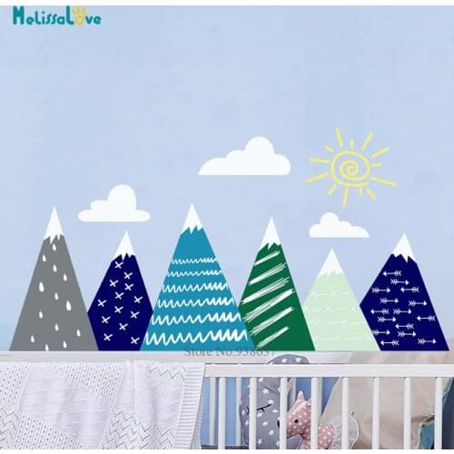 Large Mountain Mural Woodland Baby Room Wall Sticker Decal Sun Cloud Family Kids Nursery Room Decor BA538